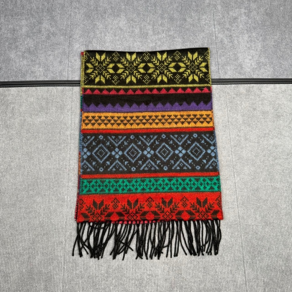 V. Fraas Cashmink Scarf Made in Germany Fair Isle Geometric Multi Color Fringe